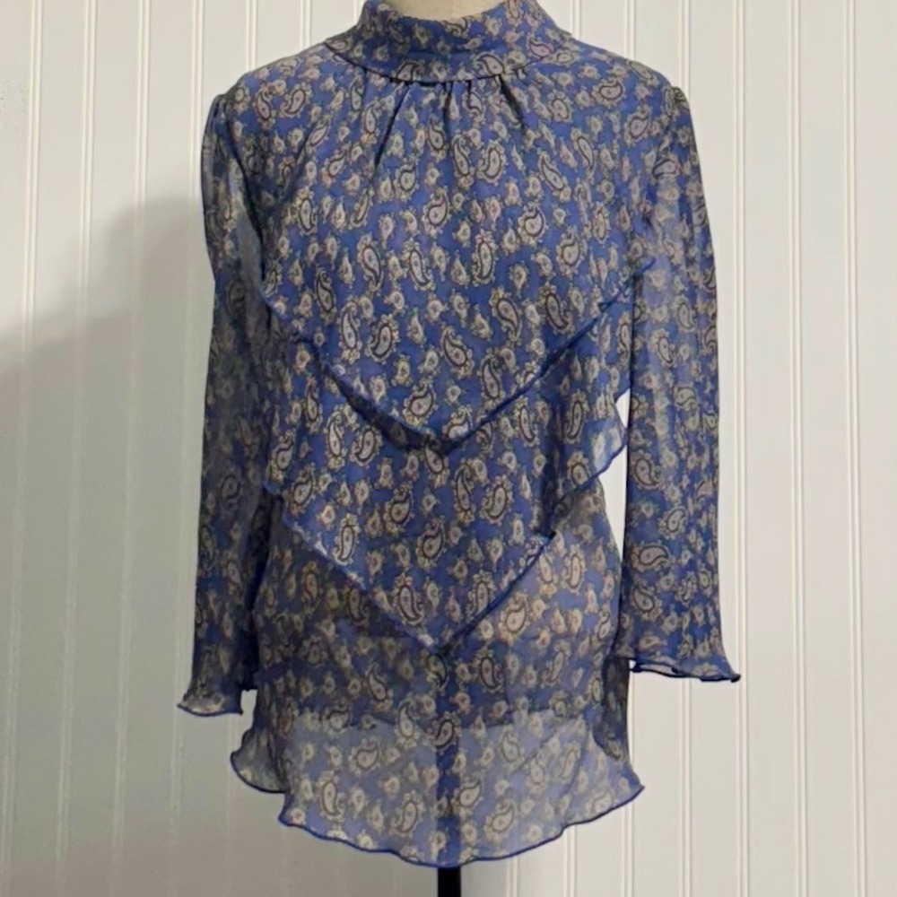 Piano Blue Sheer Paisley Ruffle Blouse High Neck Grandmillennial Cottagecore L